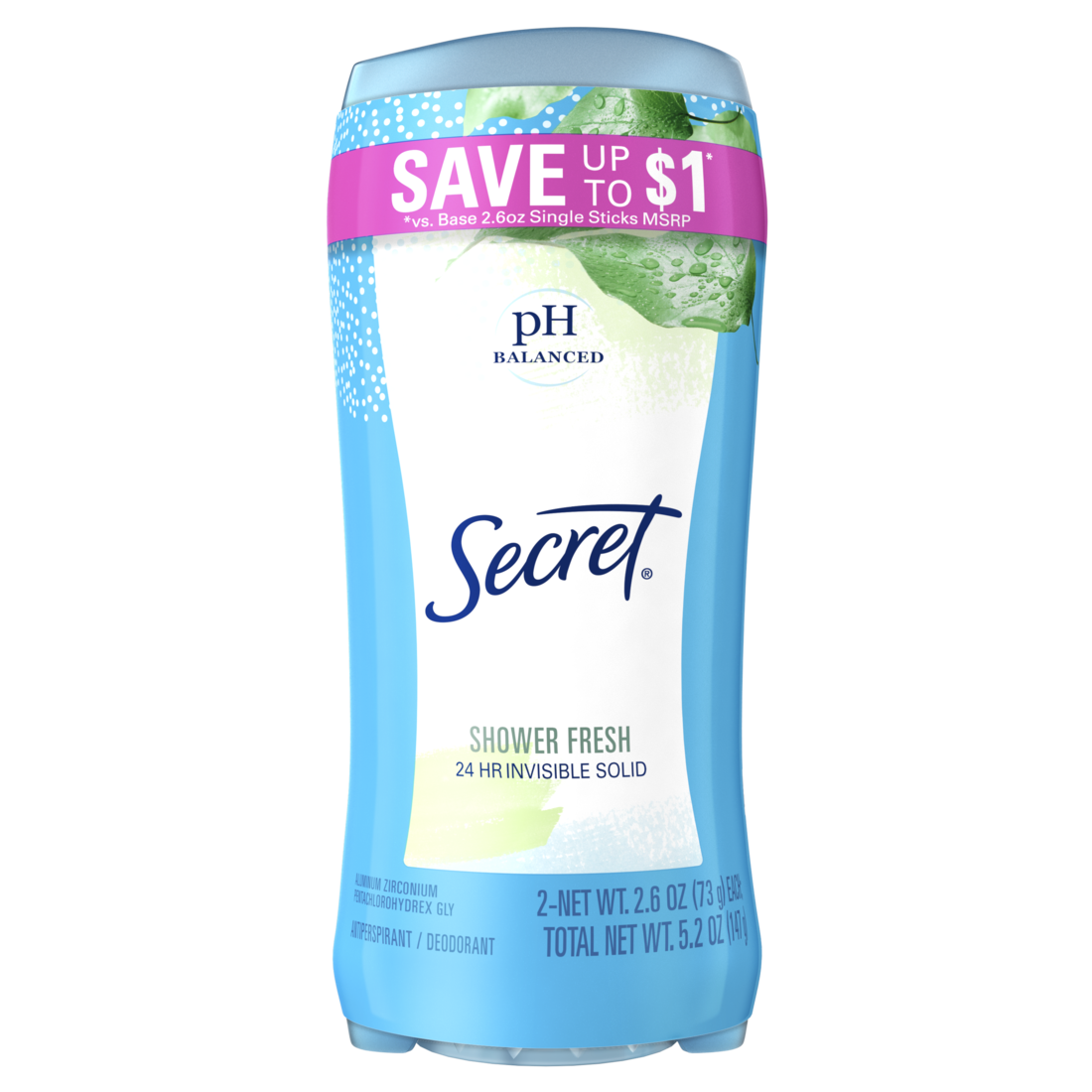Secret Invisible Solid Antiperspirant And Deodorant Shower Fresh Twin Pack - (2x2.6)oz/6pk