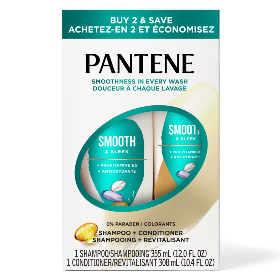 Pantene Smooth & Sleek 72 HR Smoothness Shampoo 12.0oz & Conditioner 10.4oz Dual Pack - (12.0+10.4)oz/4pk