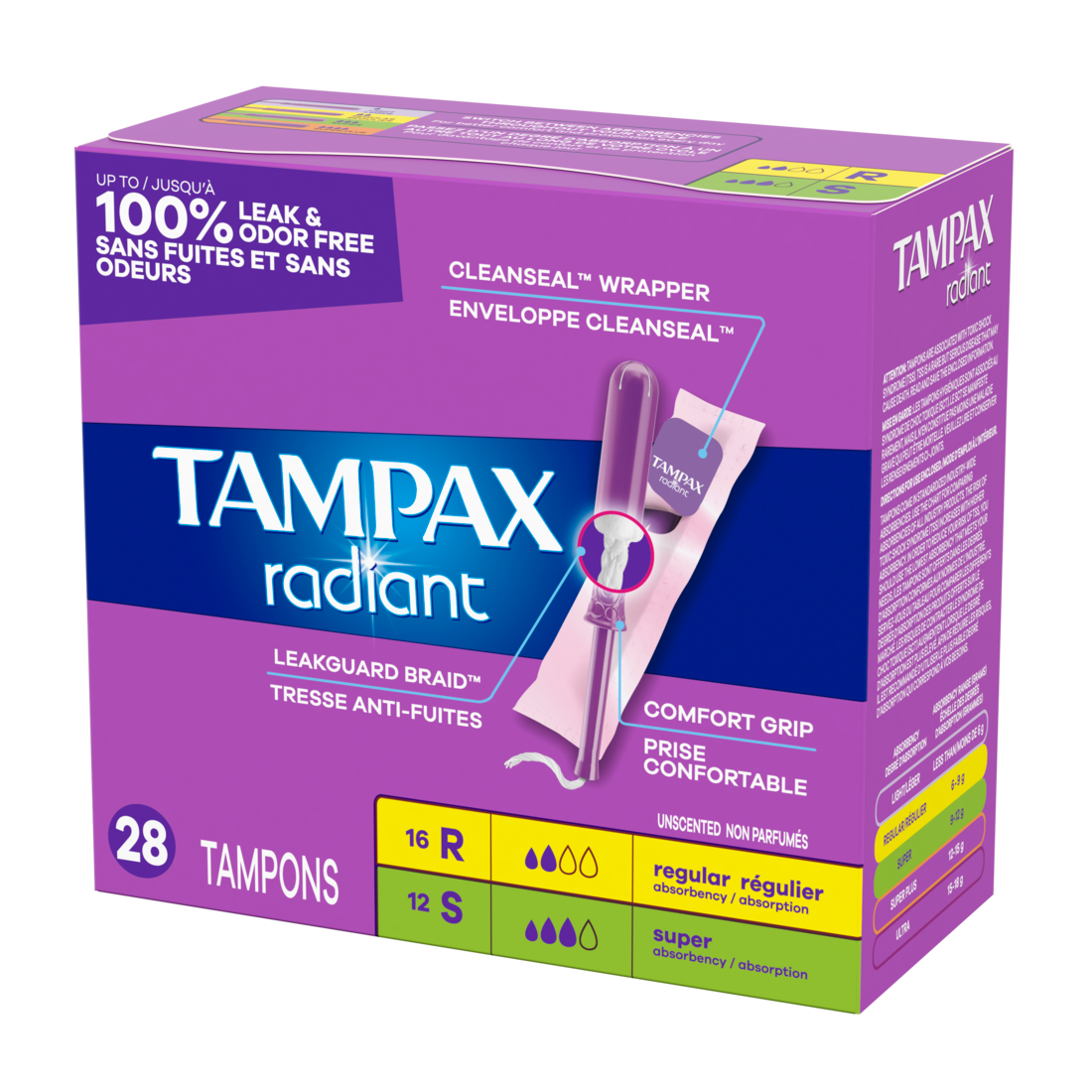 Tampax Radiant Tampons Multipack With Leakguard Braid Regular/Super Absorbency Unscented - 28ct/6pk