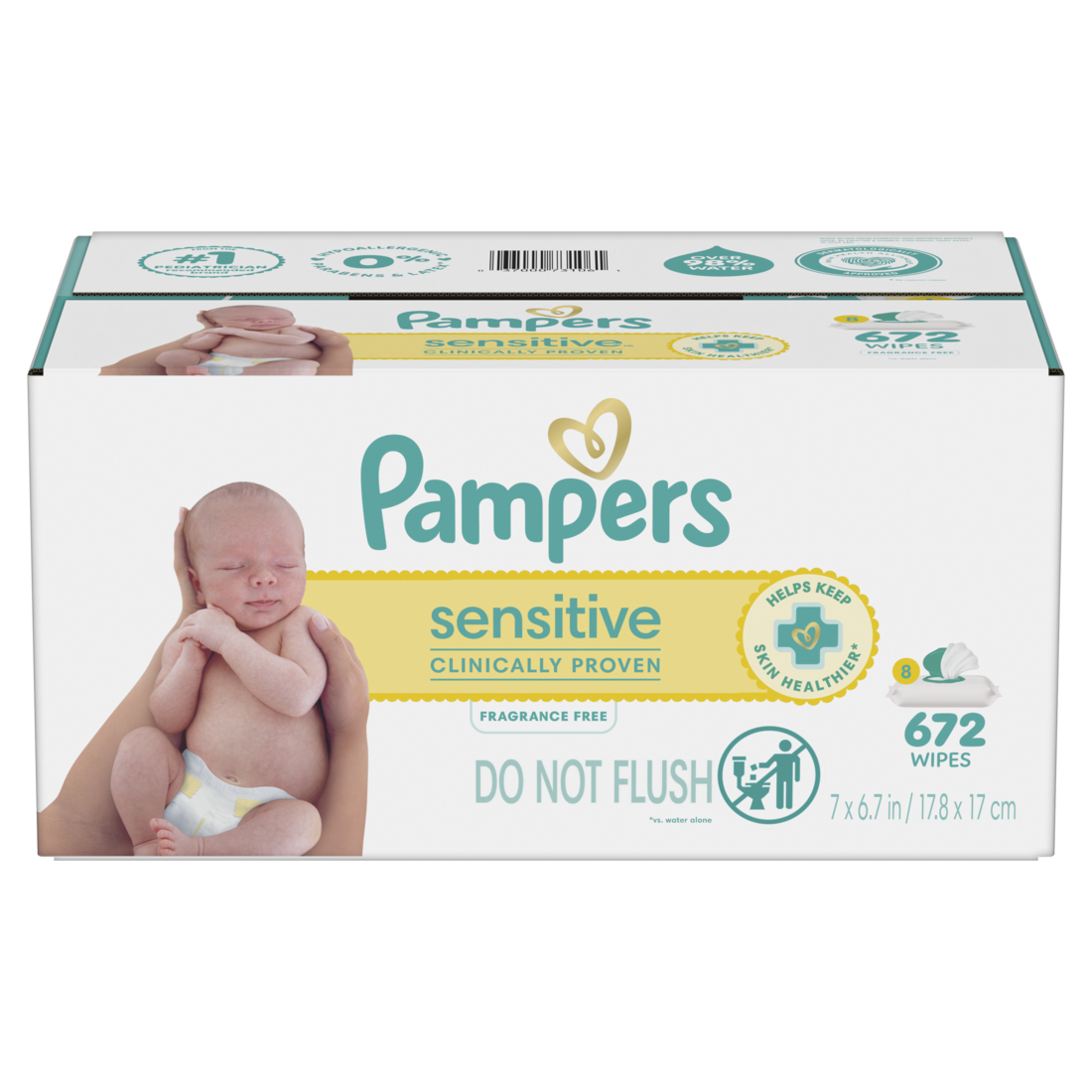 Baby Wipes Pampers Sensitive Clinically Proven Fragrance Free Water Based Hypoallergenic Baby Wipes (8X Flip-Top Packs 84 Wipers per Pack) - 672ct/1pk