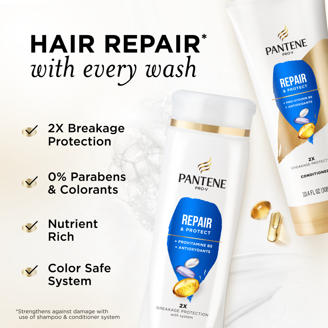 Pantene Repair & Protect 2X Breakage Protection Shampoo 12.0oz & Conditioner 10.4oz Dual Pack - (12.0+10.4)oz/4pk