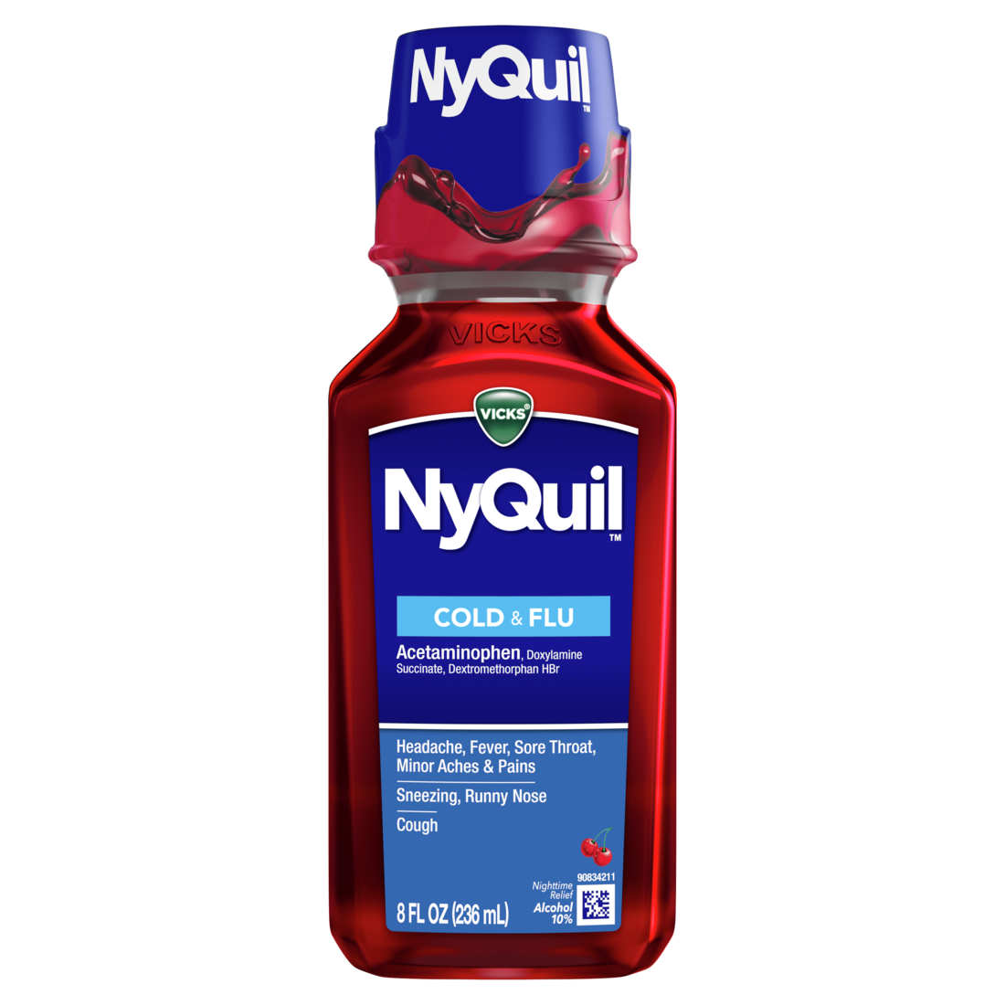 Vicks Nyquil Cherry Cold & Flu Relief Liquid Over-The-Counter Medicine Powerful Multi-Symptom Nighttime Relief For Headache Fever Sore Throat Minor Aches And Pains Sneezing Runny Nose And Cough Cherry Flavored - 8oz/12pk