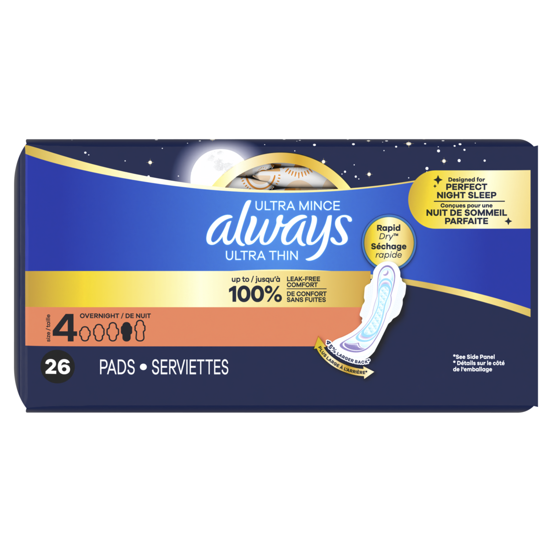 Always Ultra Thin Feminine Pads With Wings For Women Size 4 Overnight Absorbency Unscented - 26ct/3pk