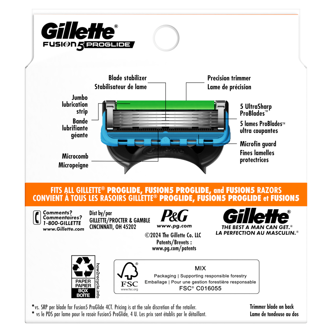 Gillette Fusion5 Proglide Razor Refills For Men Razor Cartridges For Flexball Razor Handle 5-Blade Razor Blades Precision Trimmer For Men - 8ct/6pk