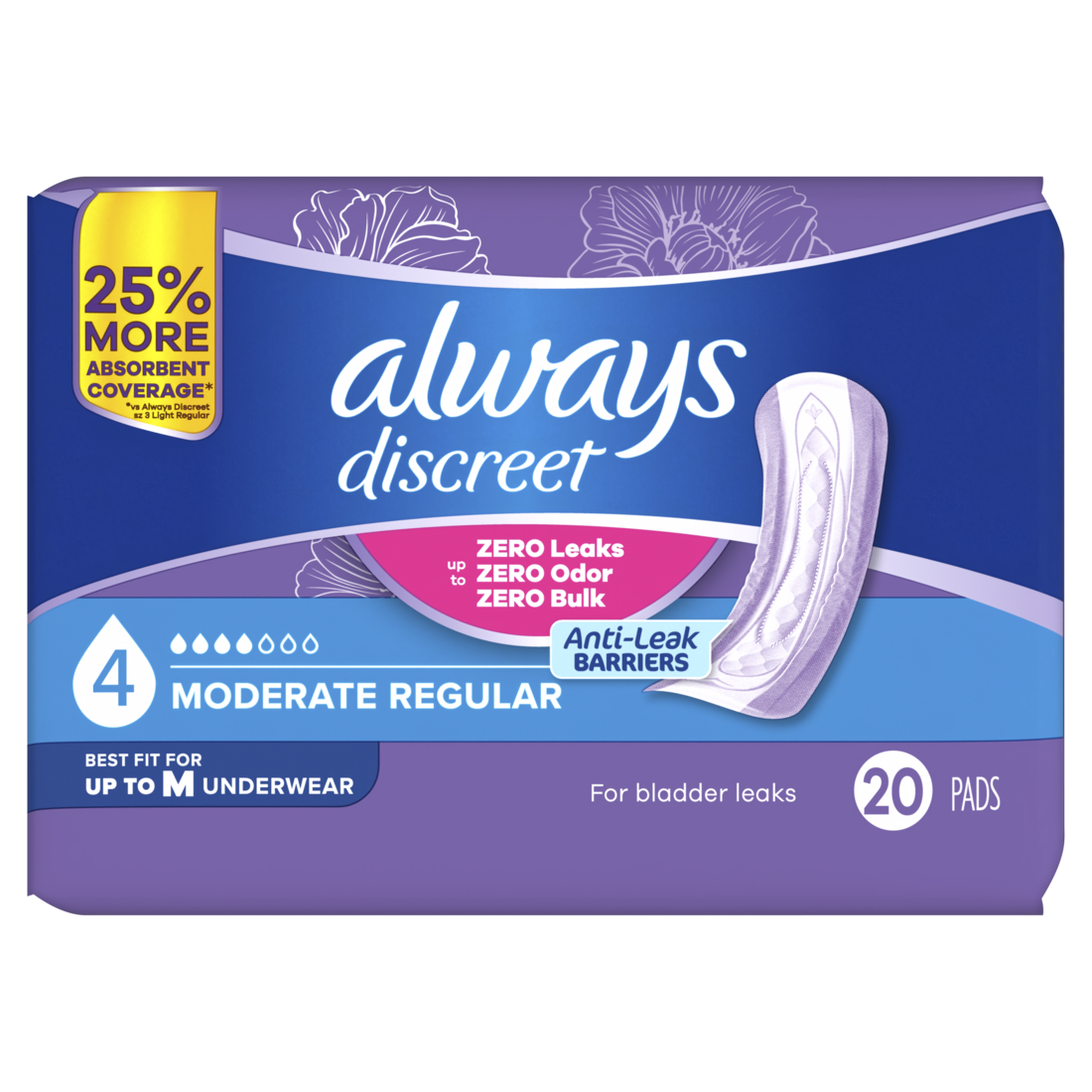 Always Discreet Adult Incontinence Pads For Women Moderate Absorbency Regular Length Postpartum Pads Size 4 - 20ct/3pk