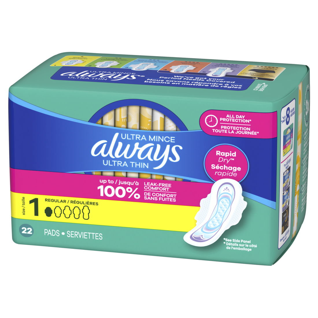 Always Ultra Thin Feminine Pads With Wings For Women Size 1 Regular Absorbency Unscented - 22ct/6pk