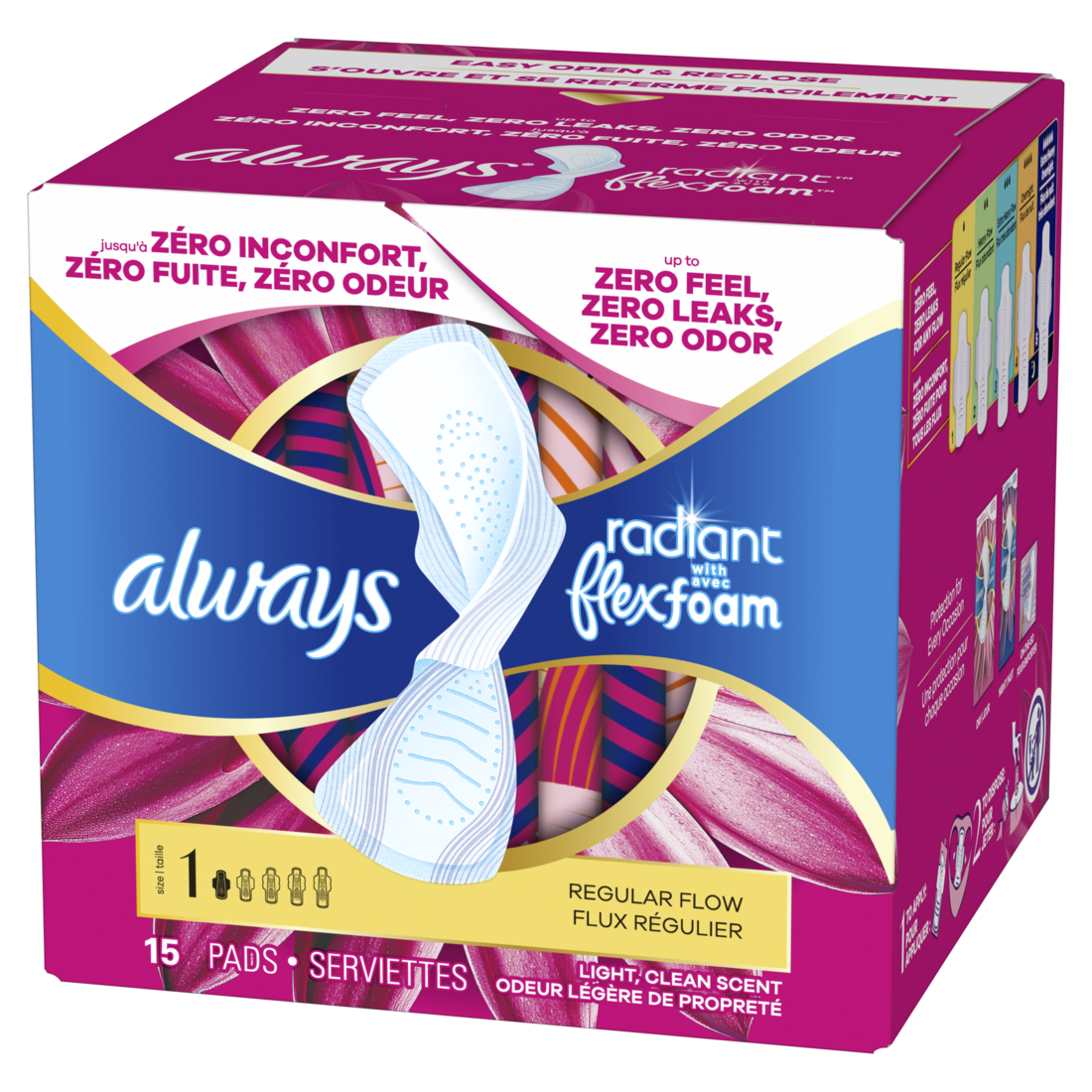 Always Radiant With Flexfoam Pads Size 1 Regular With Wings Light Clean Scent - 15ct/12pk