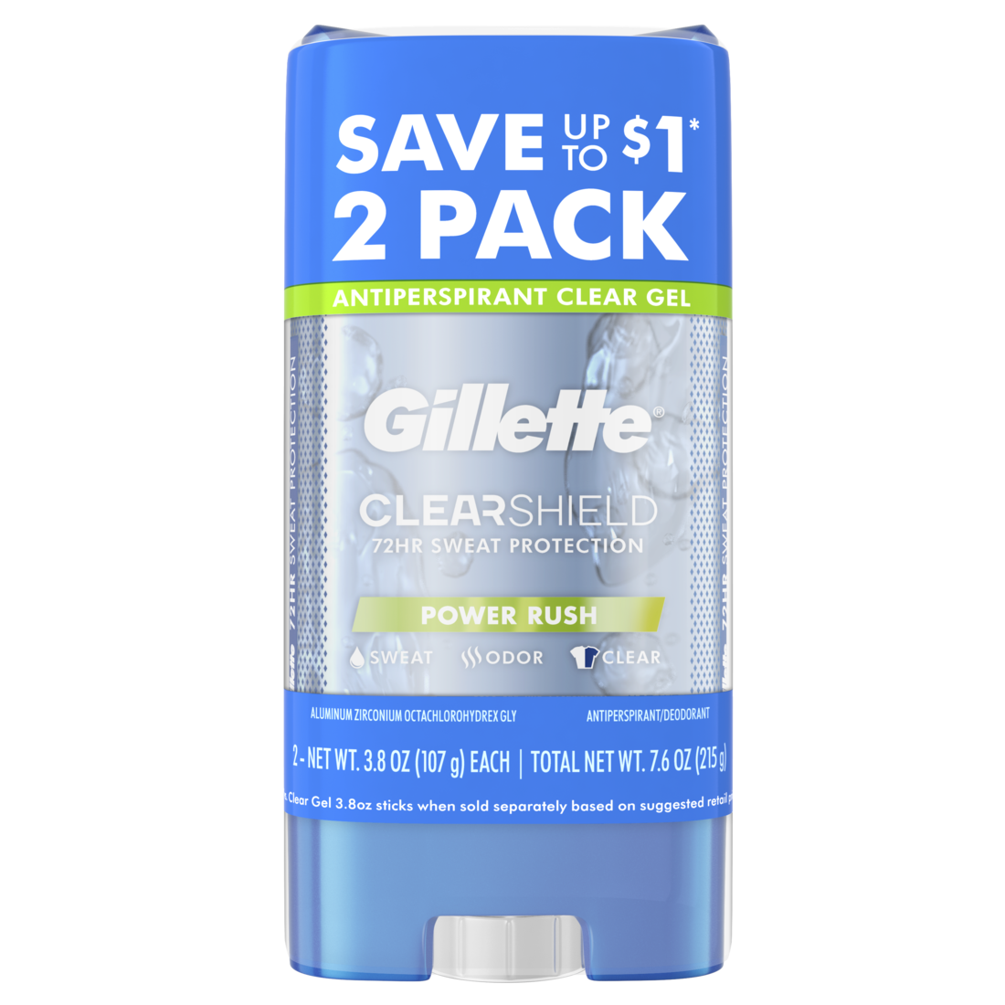 Gillette Clear Gel Antiperspirant And Deodorant For Men Power Rush Scent Twin Pack - (2x3.8)oz/6pk