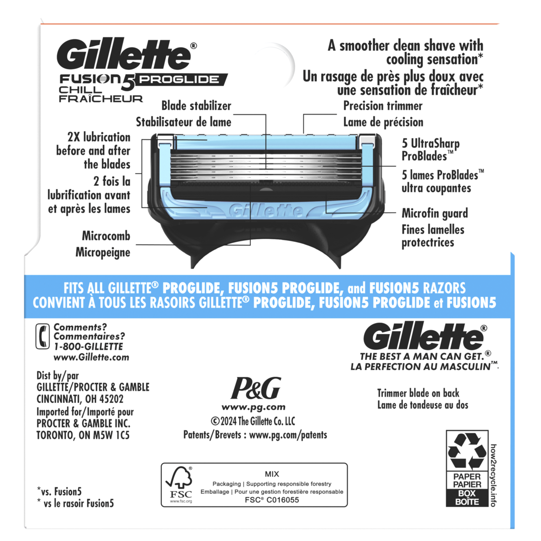 Gillette Fusion5 ProGlide Chill Razor Refills Razor Cartridges for Flexball Handle 5-Blade Razor Blades 2x Cooling Lubrication - 4ct/6pk