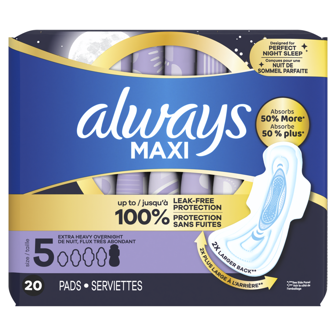 Always Maxi Overnight Pads With Wings For Women Size 5 Extra Heavy Overnight Absorbency Unscented - 20ct/6pk