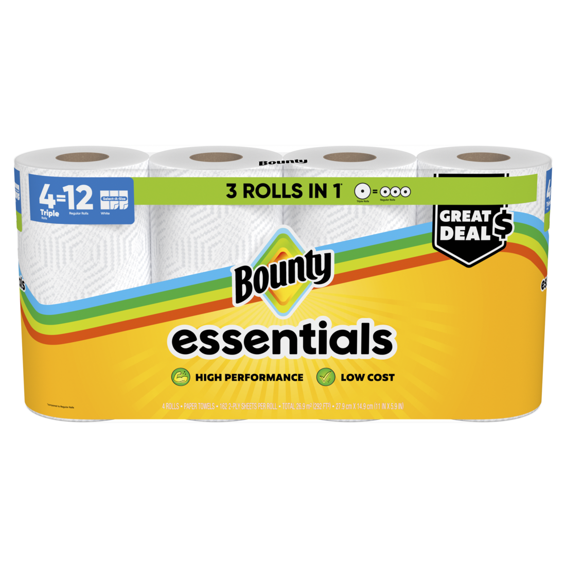 Bounty Paper Towels Essentials Select-A-Size 4 Triple Rolls White 162 Sheets Per Roll - 4ct/6pk