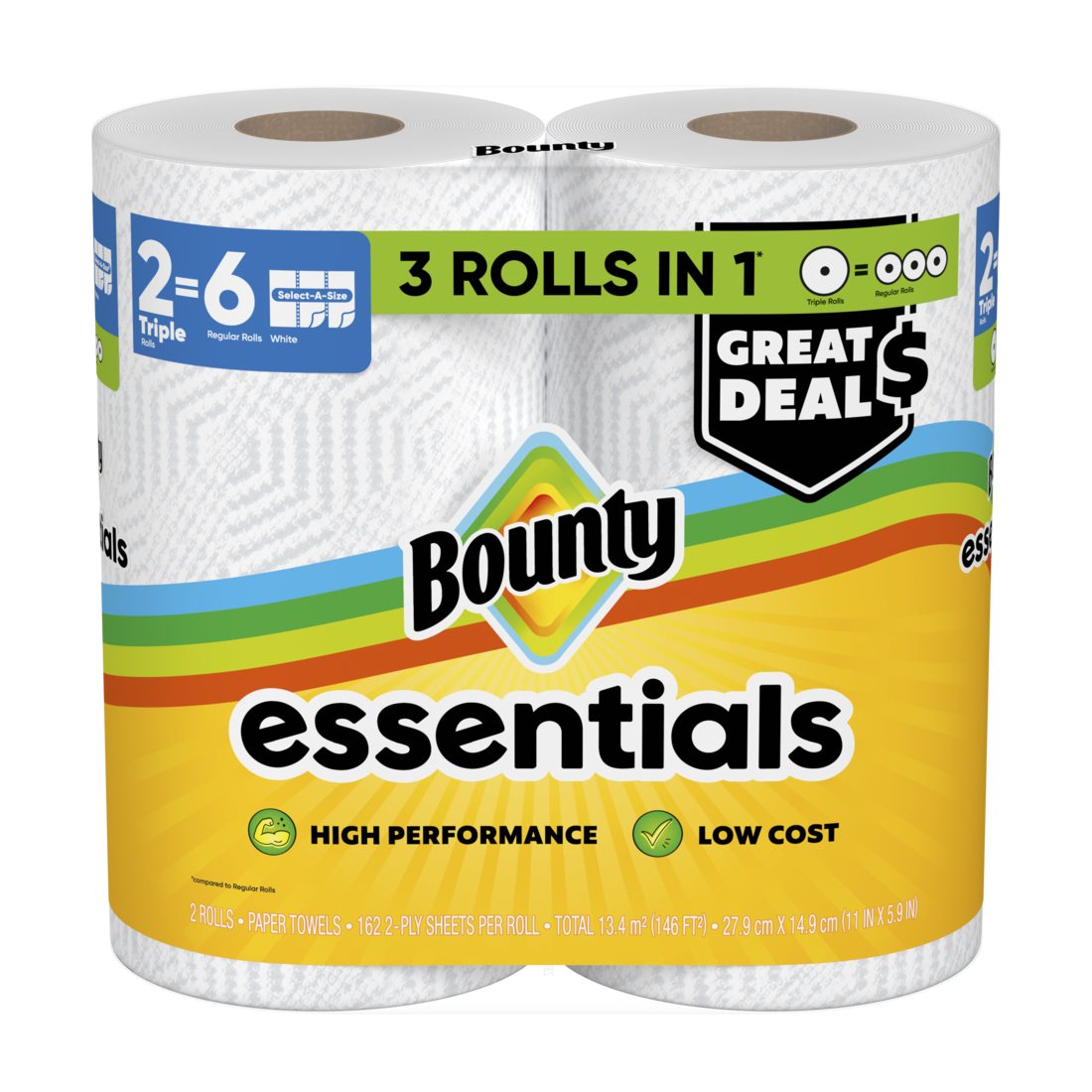 Bounty Paper Towels Essentials Select-A-Size 2 Triple Rolls White 162 Sheets Per Roll - 2ct/6pk