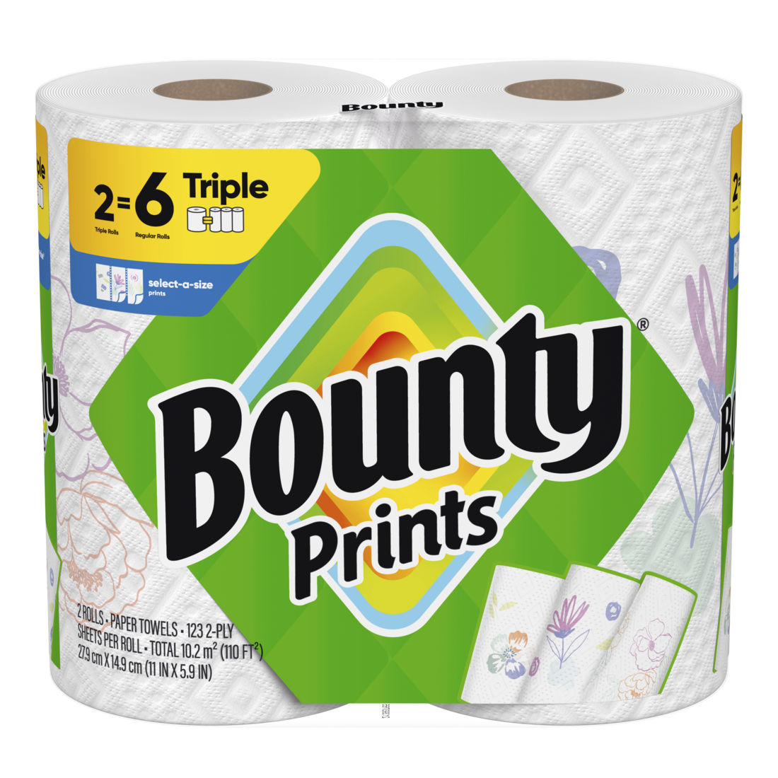 Bounty Paper Towels Select-A-Size Print 2 Triple Rolls 123 Sheets Per Roll - 2ct/6pk