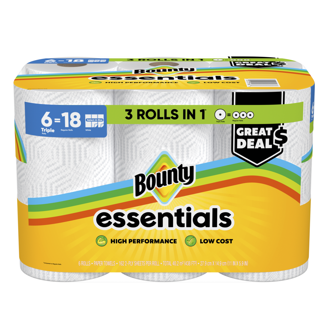 Bounty Paper Towels Essentials Select-A-Size 6 Triple Rolls White 162 Sheets Per Roll - 6ct/1pk