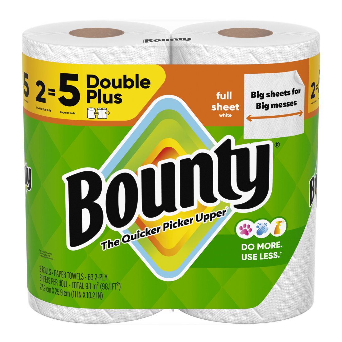 Bounty Paper Towels Full Sheet White 2 Double Plus Rolls 63 Sheets Per Roll - 2ct/6pk