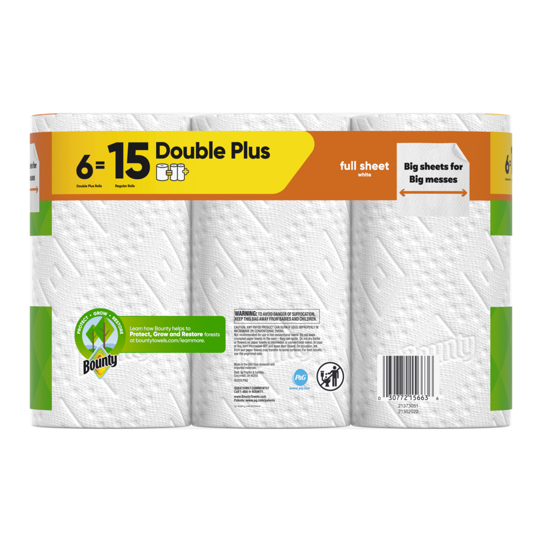 Bounty Paper Towels Full Sheet White 6 Double Plus Rolls 63 Sheets Per Roll - 6ct/1pk