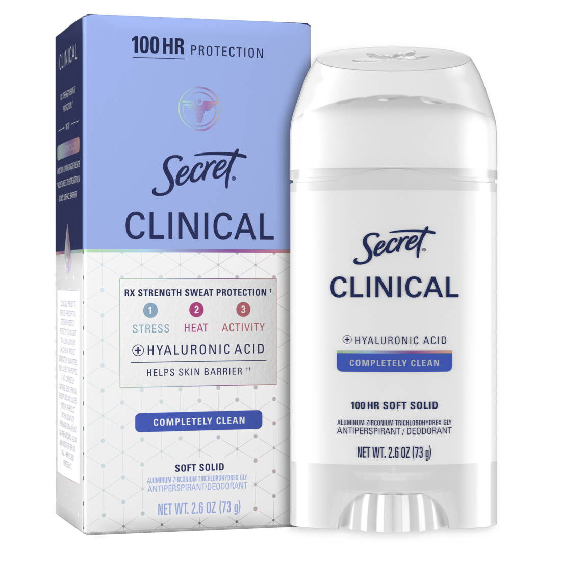 Secret Clinical Antiperspirant Deodorant for Women 100HR Sweat & Odor Protection Hyaluronic Acid Soft Solid Completely Clean - 2.6oz/12pk