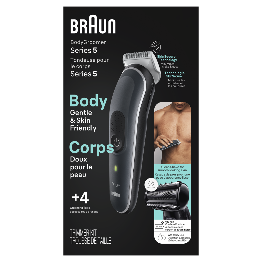 Braun Body Groomer Series 5 5360 Body Groomer for Men For Chest Armpits Groin Manscaping & More Incl.2 Combs for 1 mm - 11 mm Lengths SkinSecure Technology for Gentle Use and Clean Shave Attachment Waterproof Cordless with 100-min Run Time - 1box/3pk