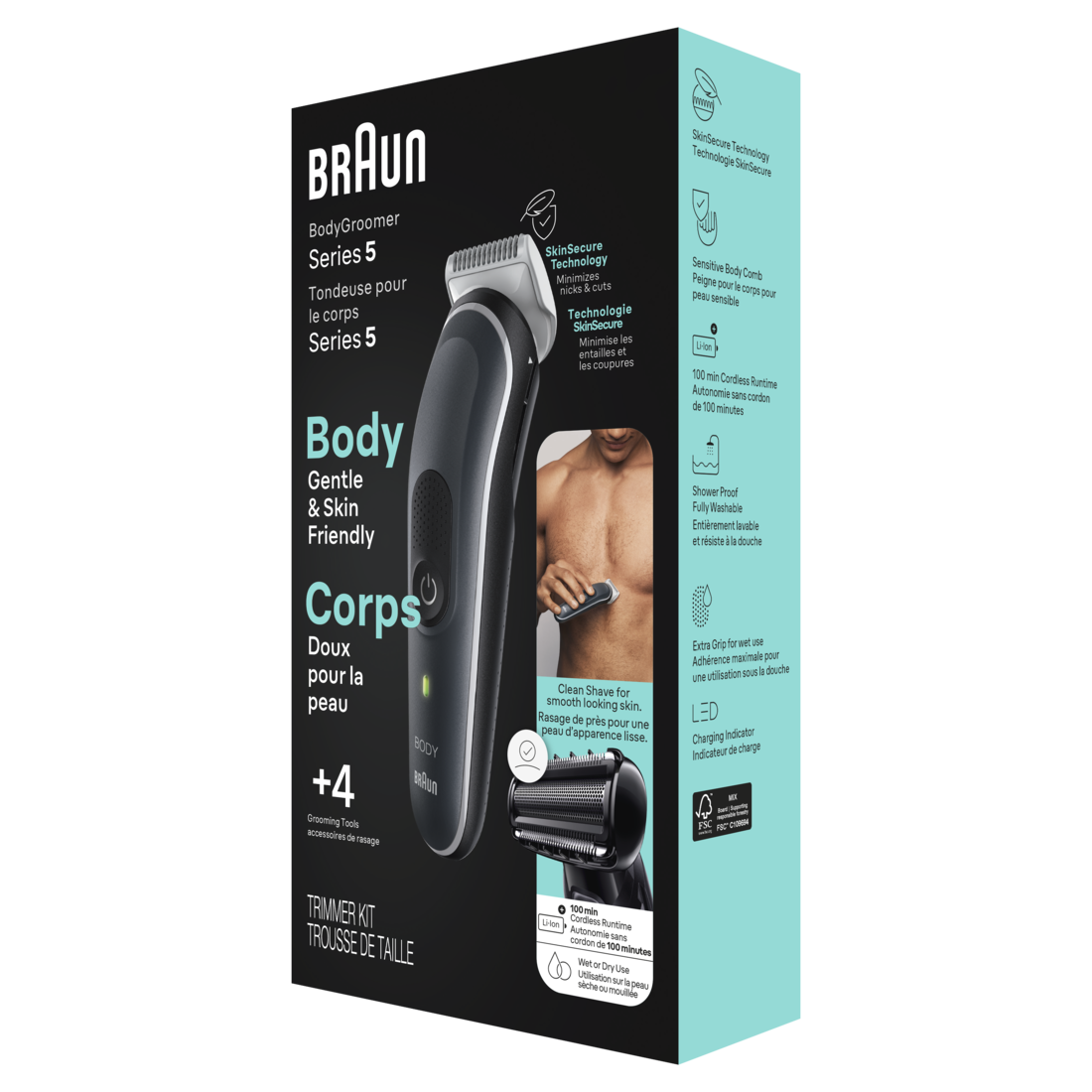 Braun Body Groomer Series 5 5360 Body Groomer for Men For Chest Armpits Groin Manscaping & More Incl.2 Combs for 1 mm - 11 mm Lengths SkinSecure Technology for Gentle Use and Clean Shave Attachment Waterproof Cordless with 100-min Run Time - 1box/3pk