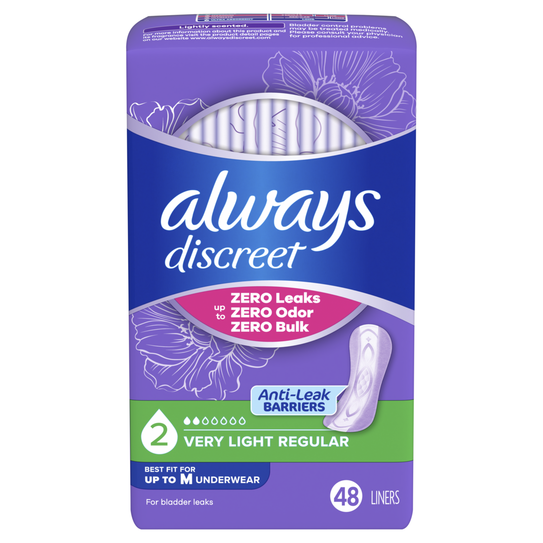 Always Discreet Incontinence Panty Liners for Bladder Leaks Size 2 Very Light Absorbency Regular Length - 48ct/3pk