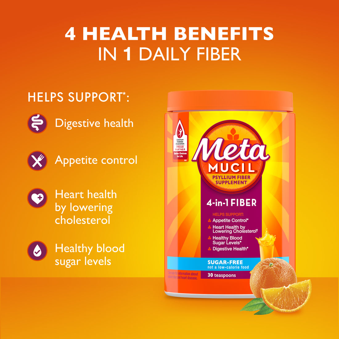 Metamucil 4-in-1 Psyllium Husk Fiber Supplement Sugar-Free 30 teaspoons Orange Flavored Daily Fiber Powder for Digestive Health GLP-1 Friendly Fiber - 6.1oz/6pk