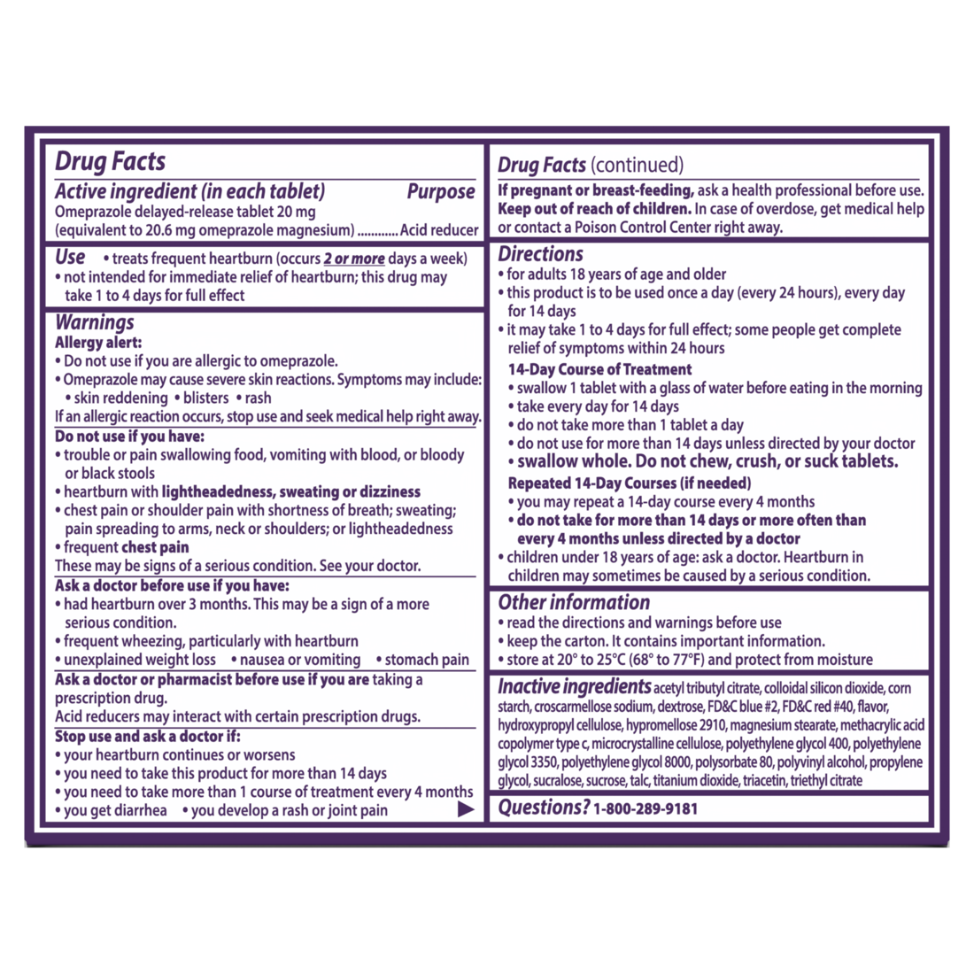 Prilosec OTC Omeprazole 20mg Delayed Release Acid Reducer Treats Frequent Heartburn for 24 Hour Relief All Day All Night Wildberry Flavor Tablets - 14ct/24pk