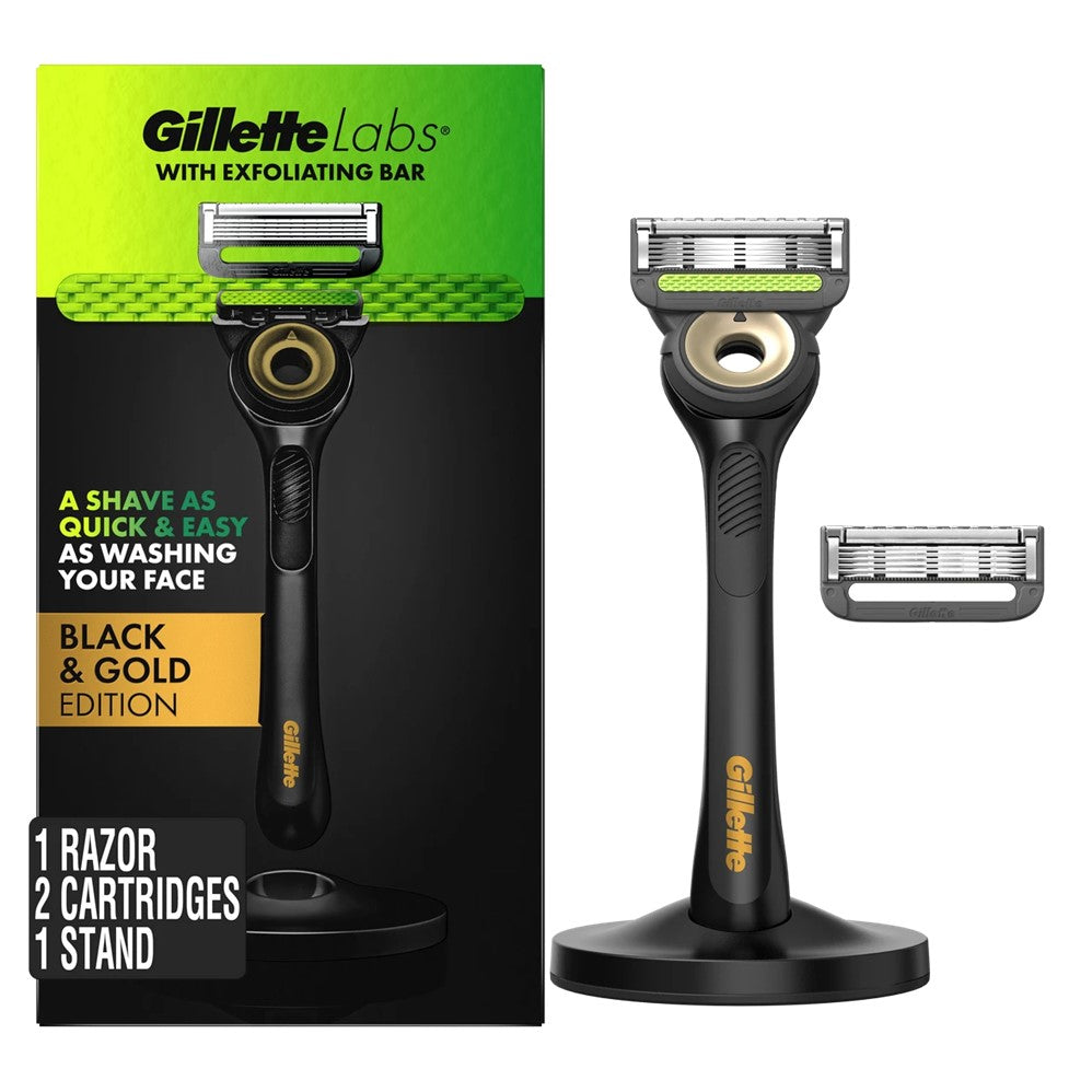 GilletteLabs with Exfoliating Bar by Gillette Razor for Men Gold Edition - 1 Handle 2 Razor Blade Refills Includes Premium Magnetic Stand - 1box/18pk