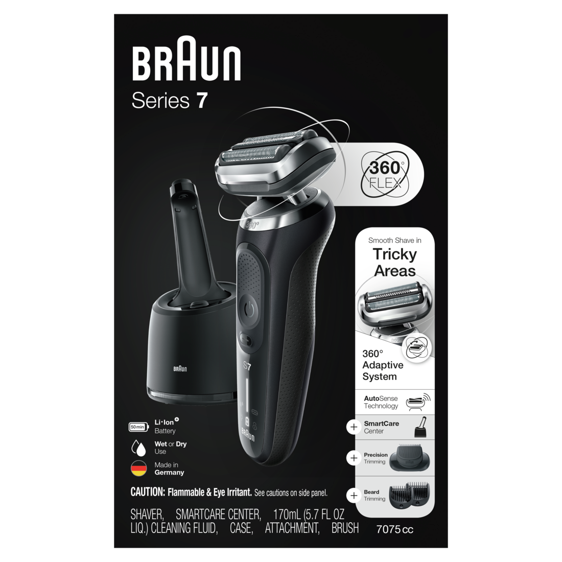 Braun Series 7 7075cc Electric Razor for Men with SmartCare Center Beard Trimmer Wet & Dry Rechargeable Cordless Foil Shaver Black - 1box/2pk