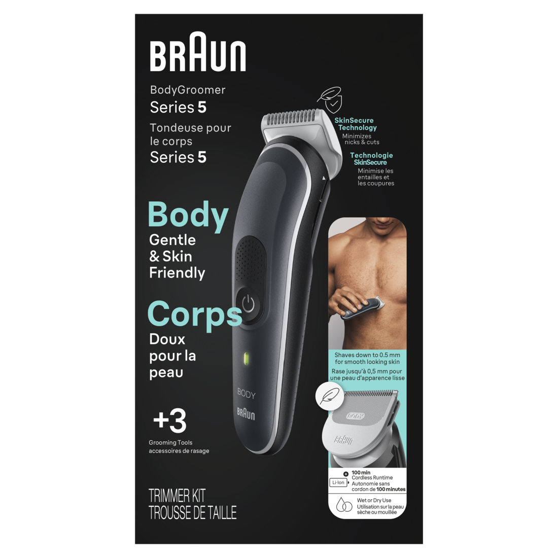 Braun Body Groomer Series 5 5340 Body Groomer for Men For Chest Armpits Groi Manscaping & More Incl. 2 Combs for 1 mm - 11 mm Lengths SkinSecure Technology for Gentle Use Waterproof Cordless with 100-min Run Time - 1box/3pk