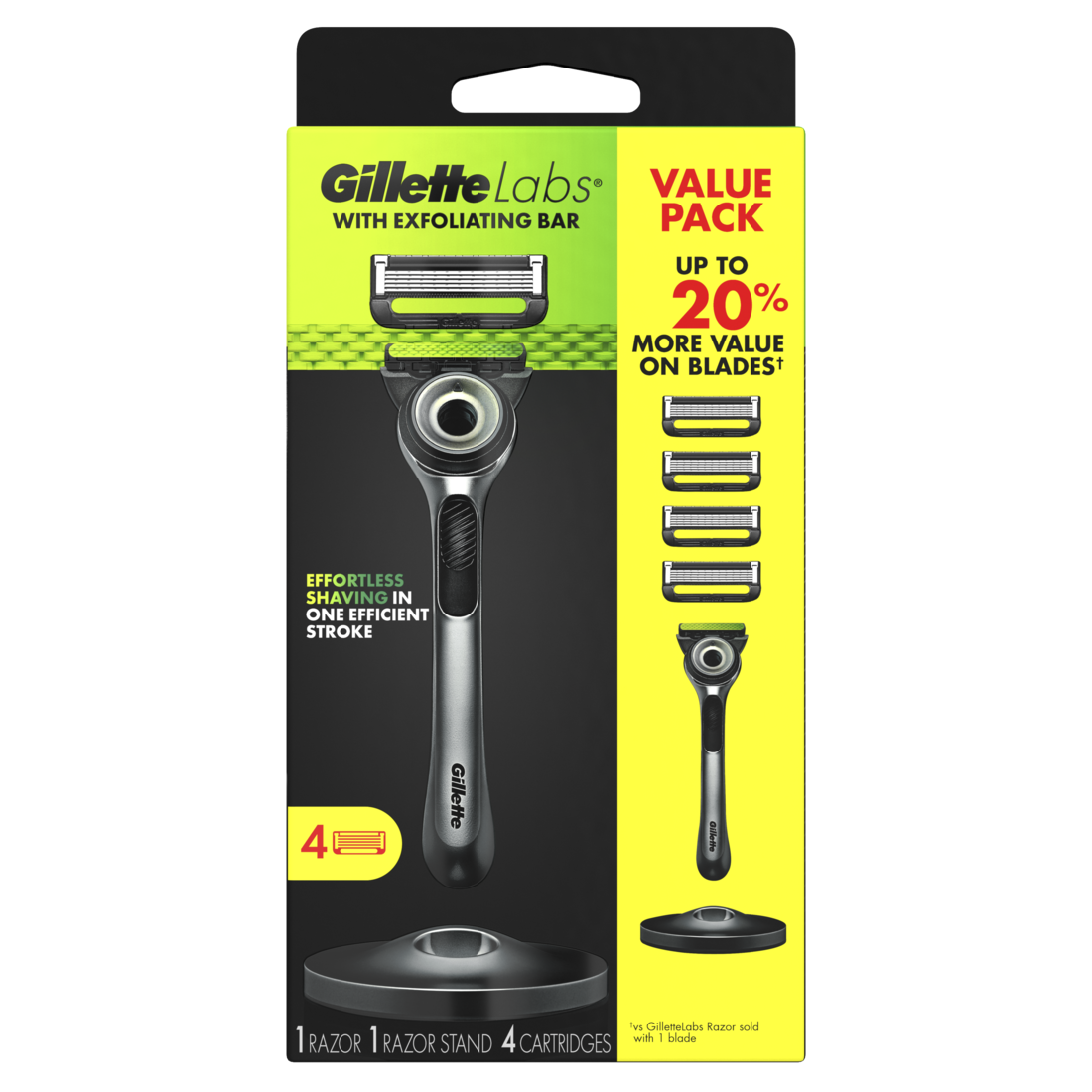GilletteLabs with Exfoliating Bar by Gillette Razor for Men - 1 Handle 4 Razor Blade Refills Includes Premium Magnetic Stand - 1box/18pk
