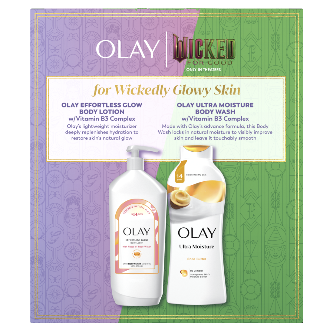 Olay Wicked Holiday Gift Pack with 1 Olay Ultra Moisture Body Wash with Shea Butter (22oz) and 1 Olay Effortless Glow Hydrating Body Lotion with Notes of Rose Water (18oz) - (22+18)oz/6pk