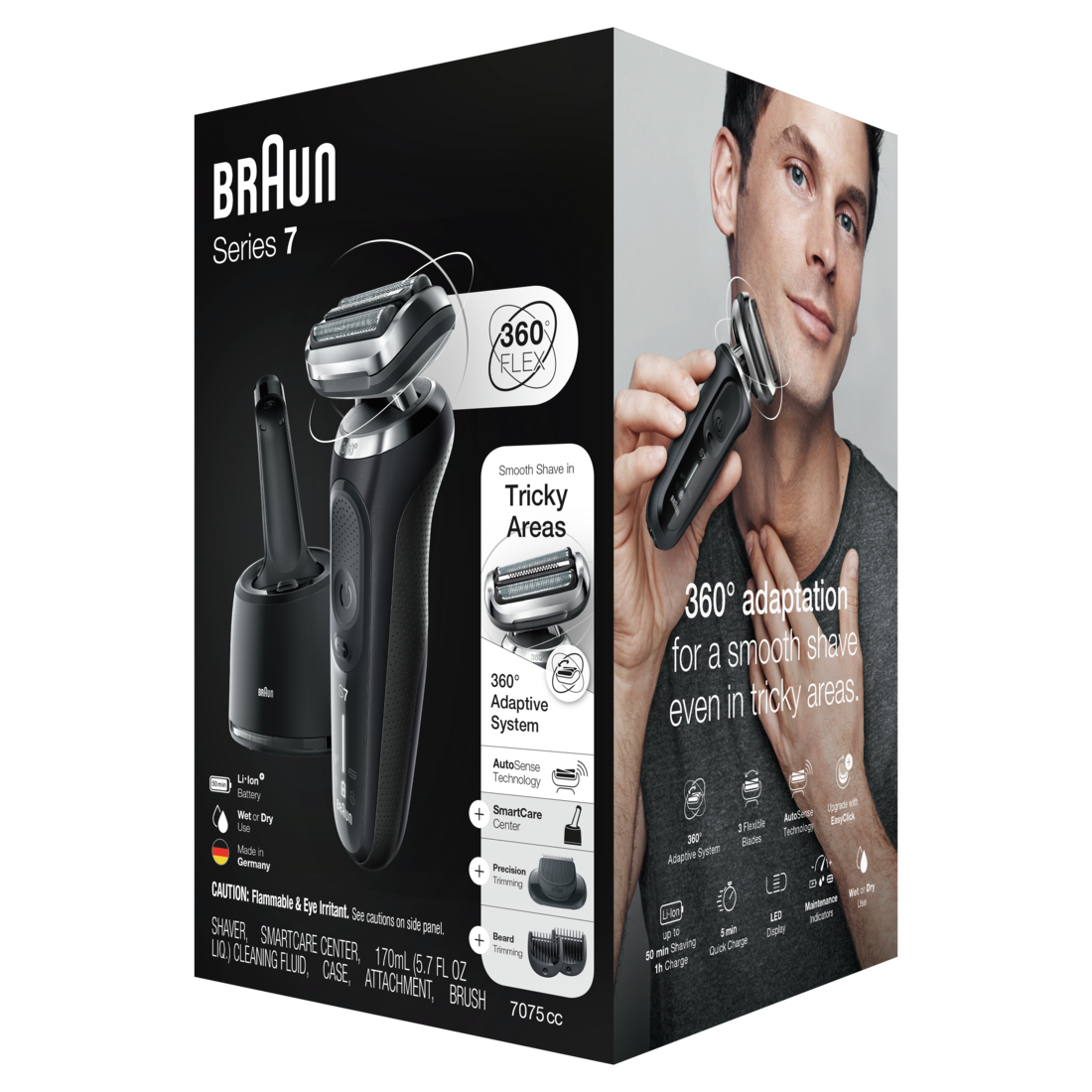Braun Series 7 7075cc Electric Razor for Men with SmartCare Center Beard Trimmer Wet & Dry Rechargeable Cordless Foil Shaver Black - 1box/2pk