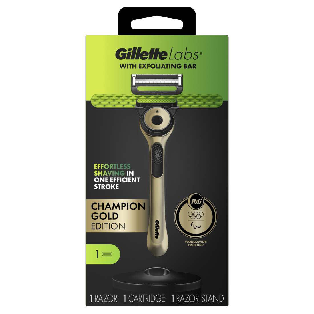 GilletteLabs with Exfoliating Bar Razor for Men Champion Gold Edition - 1 Handle + 1 Razor Blade Refill + Includes Premium Magnetic Stand - 1box/18pk