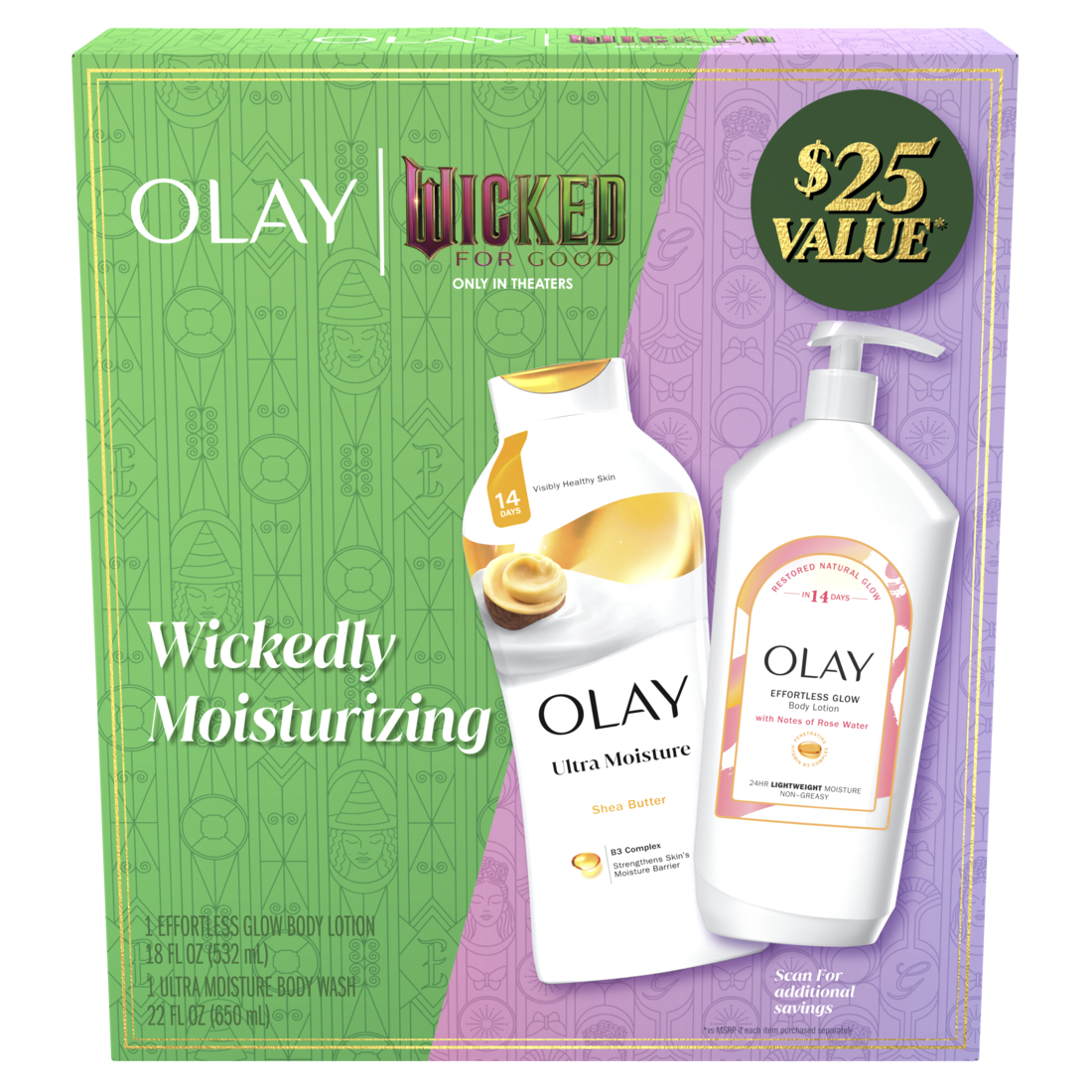 Olay Wicked Holiday Gift Pack with 1 Olay Ultra Moisture Body Wash with Shea Butter (22oz) and 1 Olay Effortless Glow Hydrating Body Lotion with Notes of Rose Water (18oz) - (22+18)oz/6pk