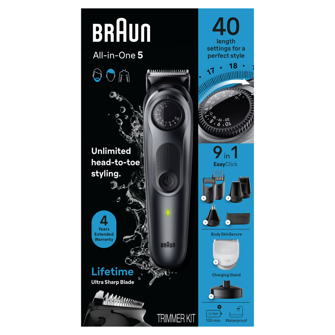 Braun All-In-One Style Kit Series 5 5490 9-in-1 Trimmer for Men with Beard Trimmer Body Trimmer for Manscaping Hair Clippers & More Ultra-Sharp Blade 40 Length Settings Rechargeable 100-minute Battery Cordless Runtime and 100% Waterproof - 1box/3pk