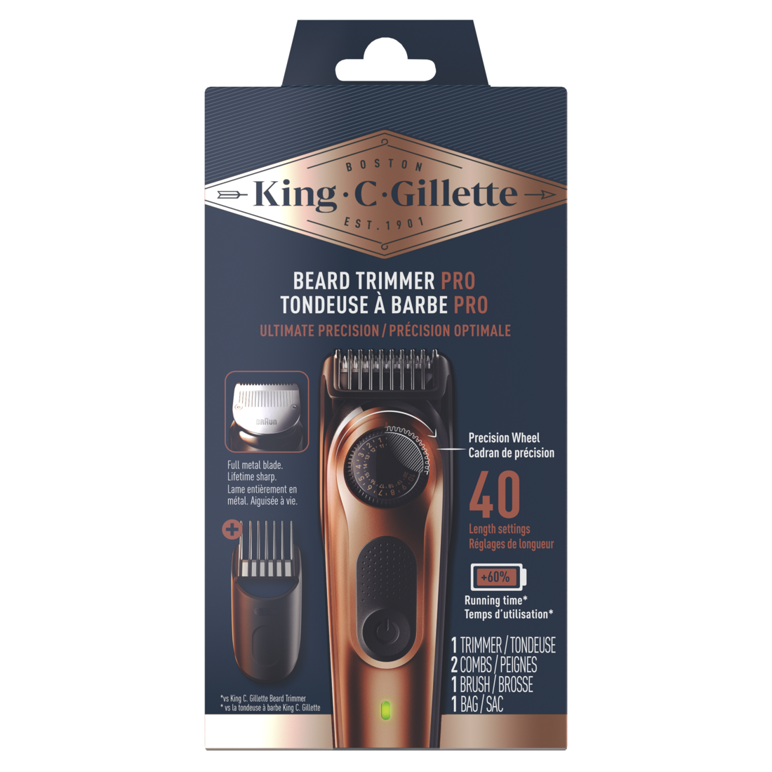 King C. Gillette Beard Trimmer PRO with 40 beard length settings in precise 0.5mm steps cordless design & 1 trimmer 1 brush 2 combs 1 charger and 1 zip pouch - 1box/3pk