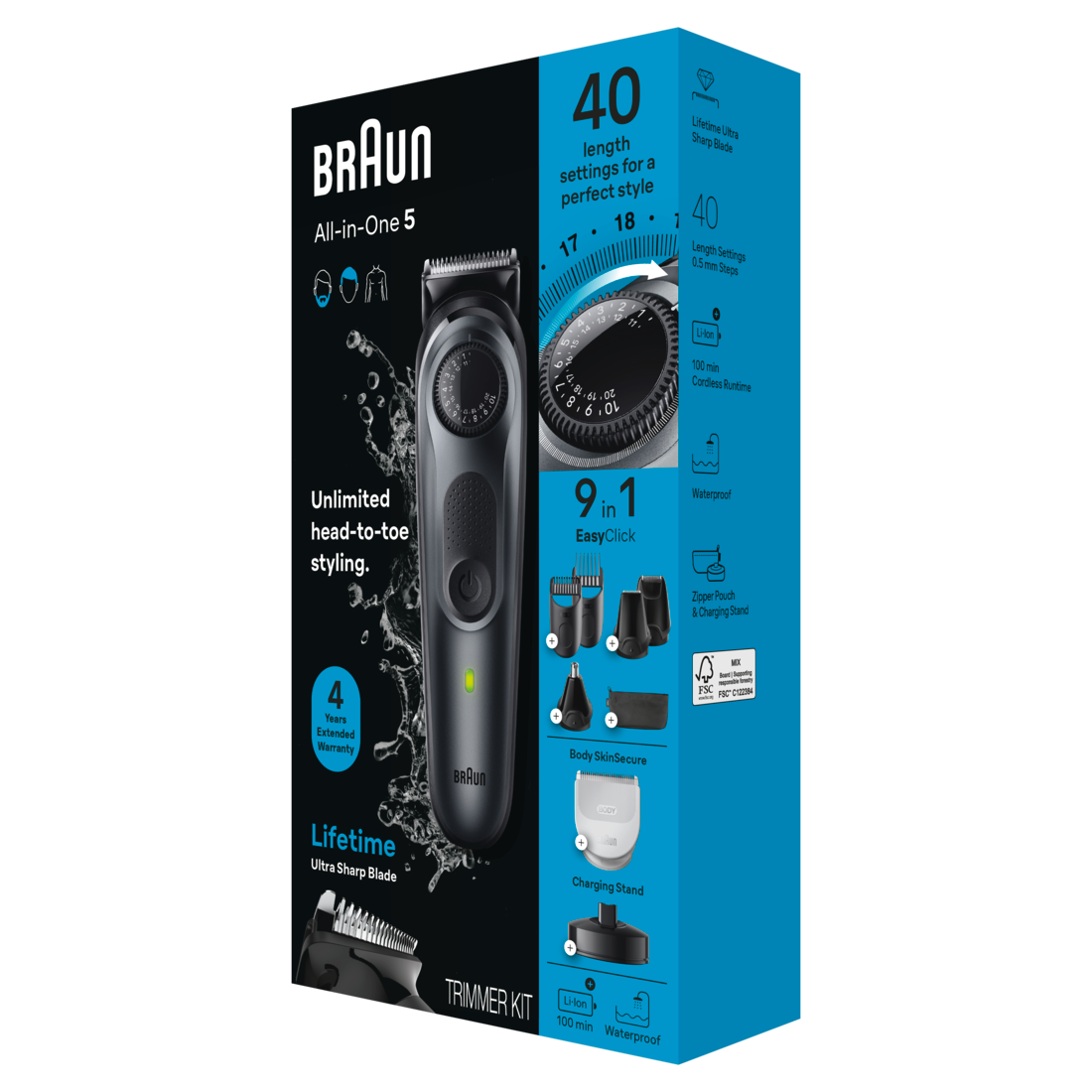 Braun All-In-One Style Kit Series 5 5490 9-in-1 Trimmer for Men with Beard Trimmer Body Trimmer for Manscaping Hair Clippers & More Ultra-Sharp Blade 40 Length Settings Rechargeable 100-minute Battery Cordless Runtime and 100% Waterproof - 1box/3pk