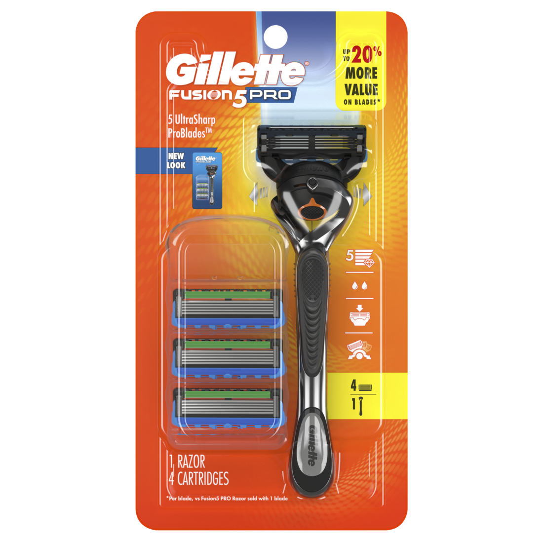 Gillette Fusion5 ProGlide Shaving Razor for Men 1 Razor Handle + 4 Razor Blade Refills FlexBall Razor Handle and Precision Trimmer for Men - (1+4)ct/20pk