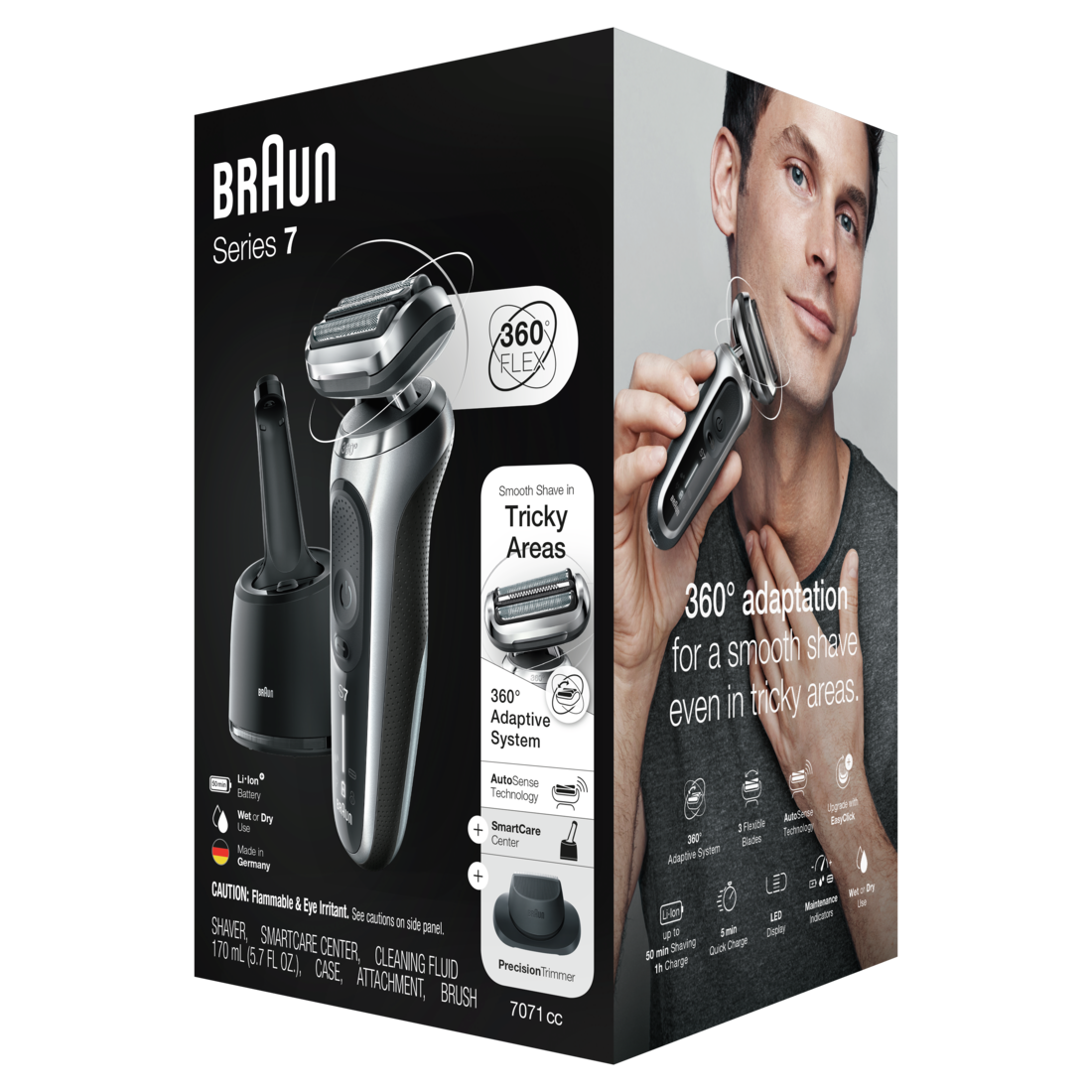Braun Series 7 7071cc Flex Rechargeable Wet & Dry Men's Electric Shaver with Clean & Charge Station Precision Trimmer - 1box/2pk