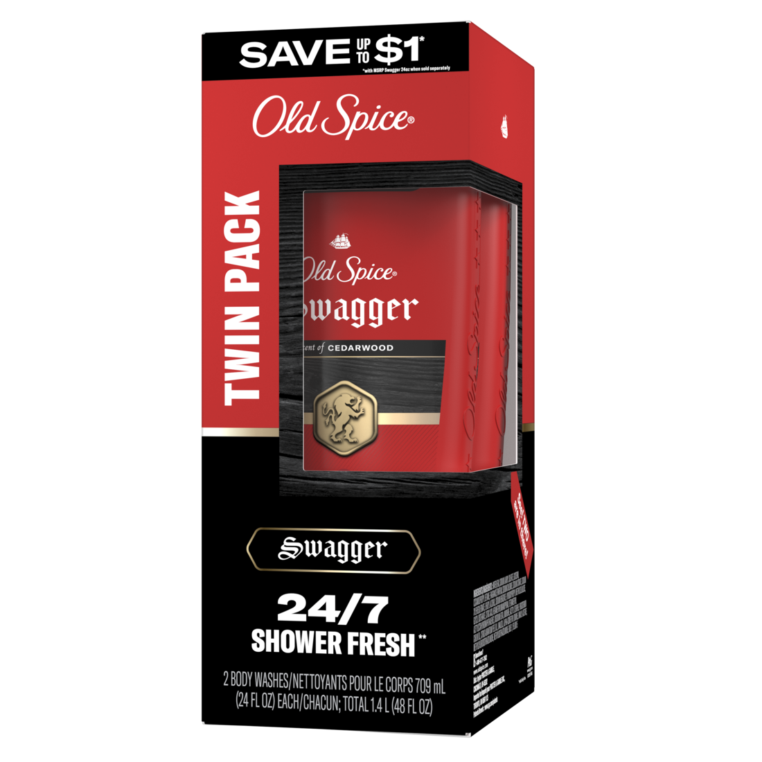 Old Spice Red Collection Body Wash for Men Swagger Scent Refreshing Clean Moisturizing Formula Long-Lasting Fragrance Twin Pack - (2x24.0)oz/2pk
