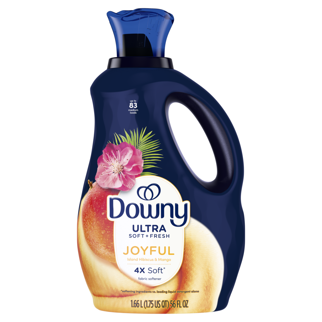 Downy Ultra Soft Plus Fresh Fabric Softener Liquid Joyful Island Hibiscus & Mango scent 83 Loads with 4X Softeness - 56oz/4pk