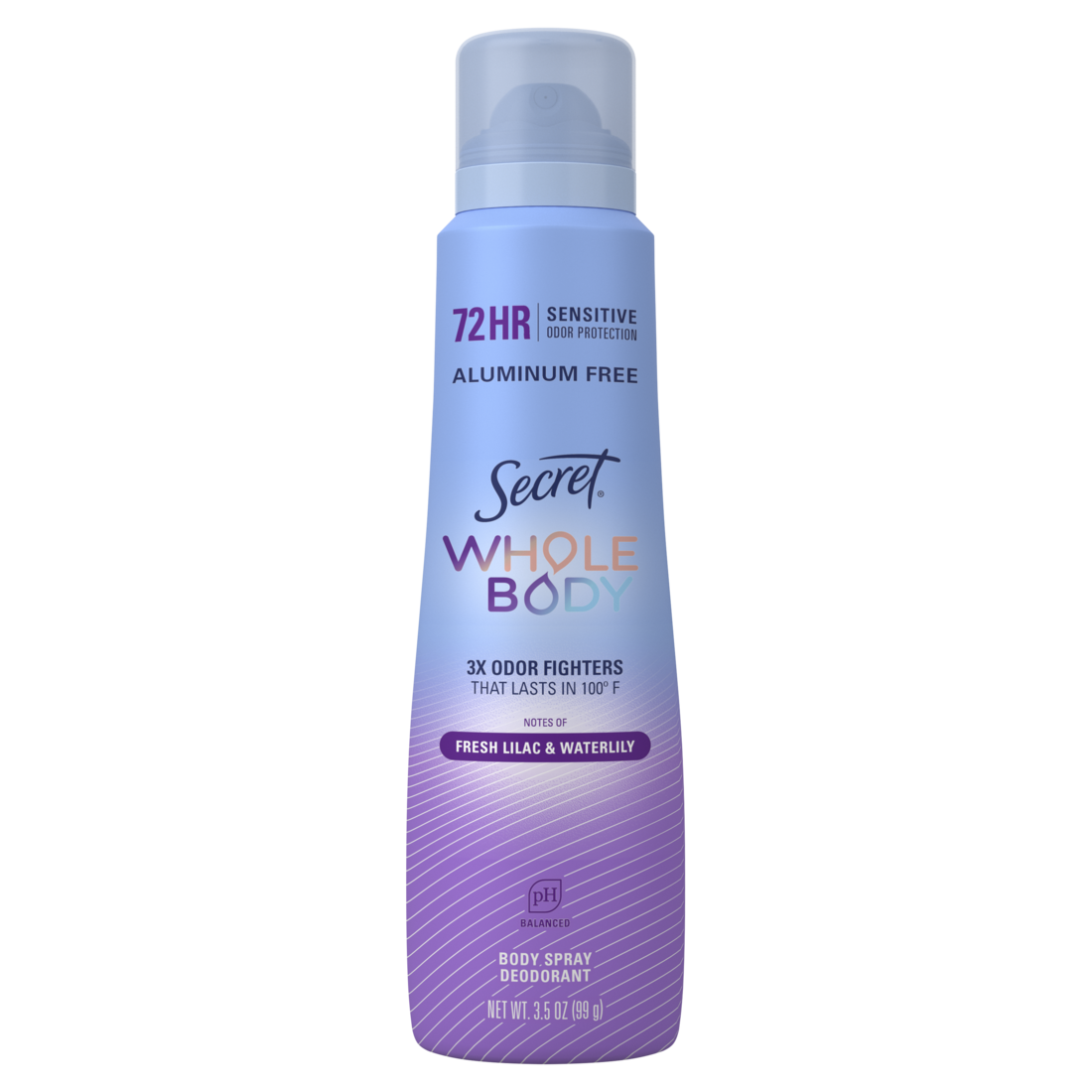 Secret Whole Body Deodorant Spray for Women with Lilac & Waterlily Scent Aluminum Free Deodorant 72 HR Odor Protection - 3.5oz/12pk