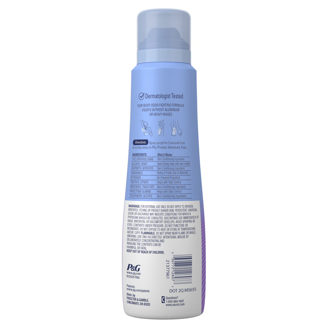 Secret Whole Body Deodorant Spray for Women with Lilac & Waterlily Scent Aluminum Free Deodorant 72 HR Odor Protection - 3.5oz/12pk