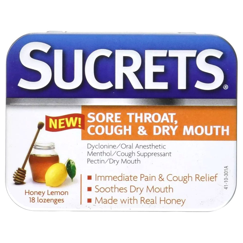 Sucrets Honey Lemon Lozenges Relief for Sore Throat Cough & Dry Mouth with Benzocaine & Menthol - 18ct/24pk