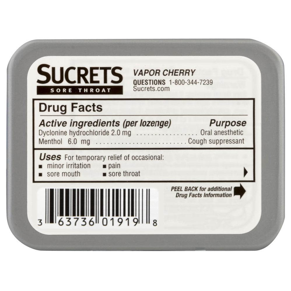 Sucrets Vapor Cherry Lozenges Relief for Sore Throat Cough with Dyclonine & Menthol - 18ct/24pk