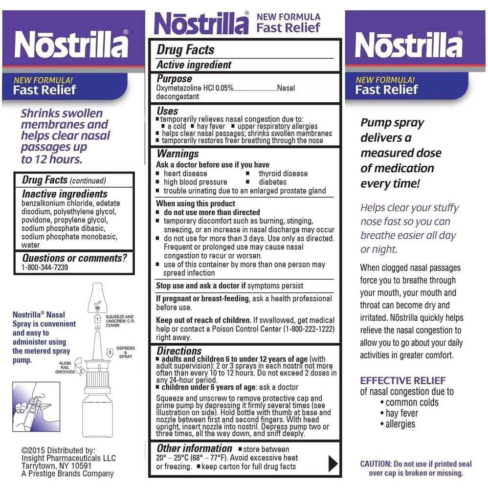 Nostrilla 0.05 Percent 12 Hour Nasal Spray for Nasal Congestion Support - 0.5oz/36pk