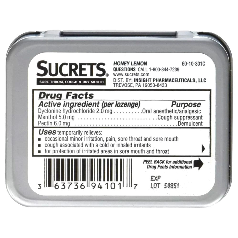 Sucrets Honey Lemon Lozenges Relief for Sore Throat Cough & Dry Mouth with Benzocaine & Menthol - 18ct/24pk