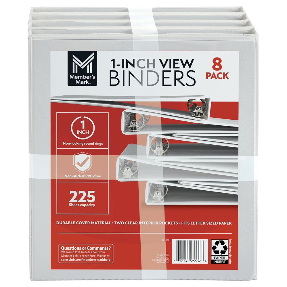 Member's Mark 1in Round Ring View Binders White - 8ct/1pk