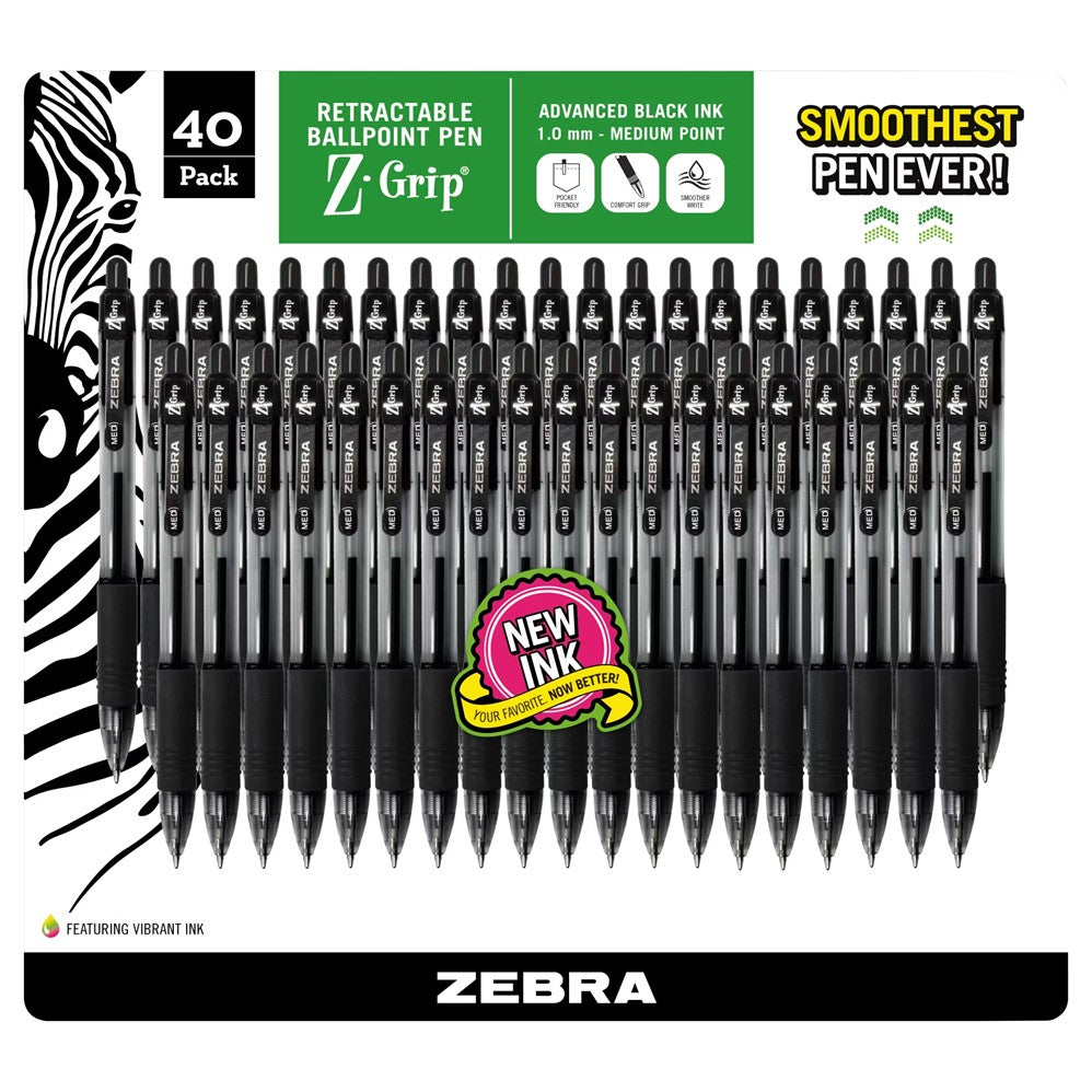 Zebra Z-Grip Retractable Ballpoint 1.0mm Black - 40ct/1pk