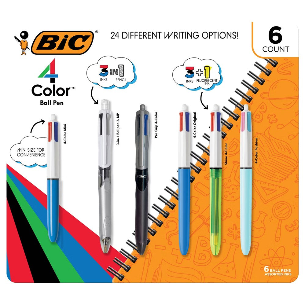 BIC 4-Color Retractable Ballpoint Pens Assorted Colors - 6ct/1pk